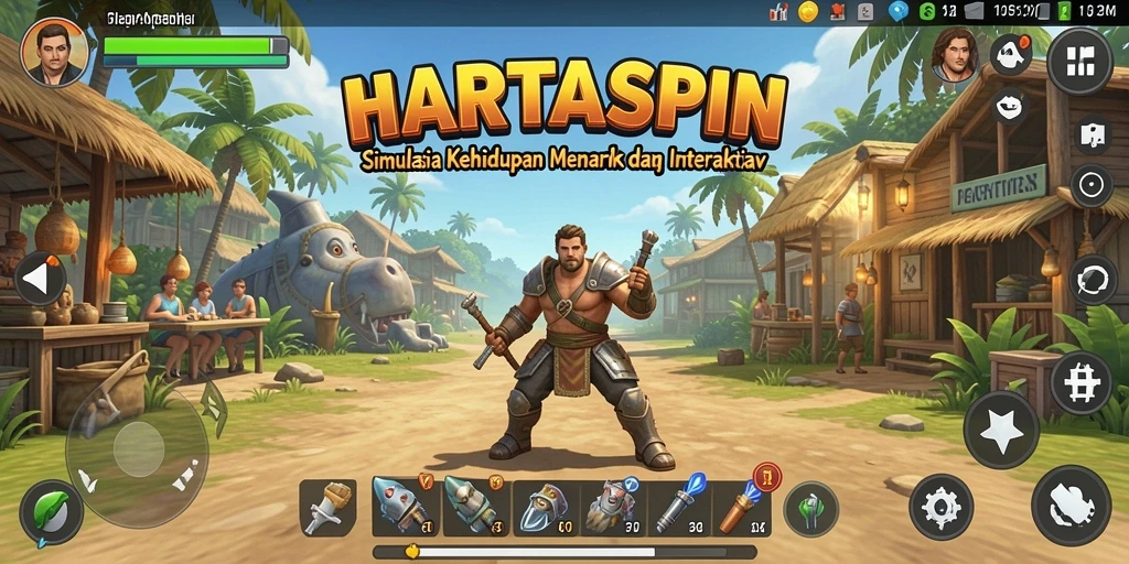 Screenshot HARTASPIN menunjukkan interaksi karakter dalam gameplay Simulation.