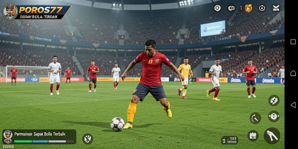 Tampilan gameplay POROS77 dengan aksi menarik di lapangan sepak bola.