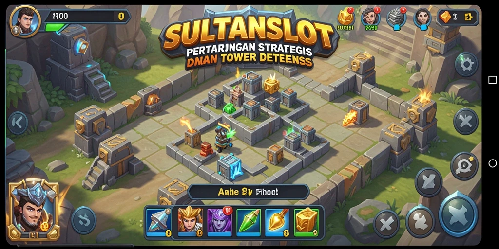 Screenshot gameplay SULTANSLOT dengan menara Tower Defense yang berfungsi.