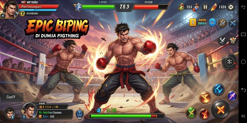 Tampilan seru dari gameplay WP888 saat karakter bertarung di arena.